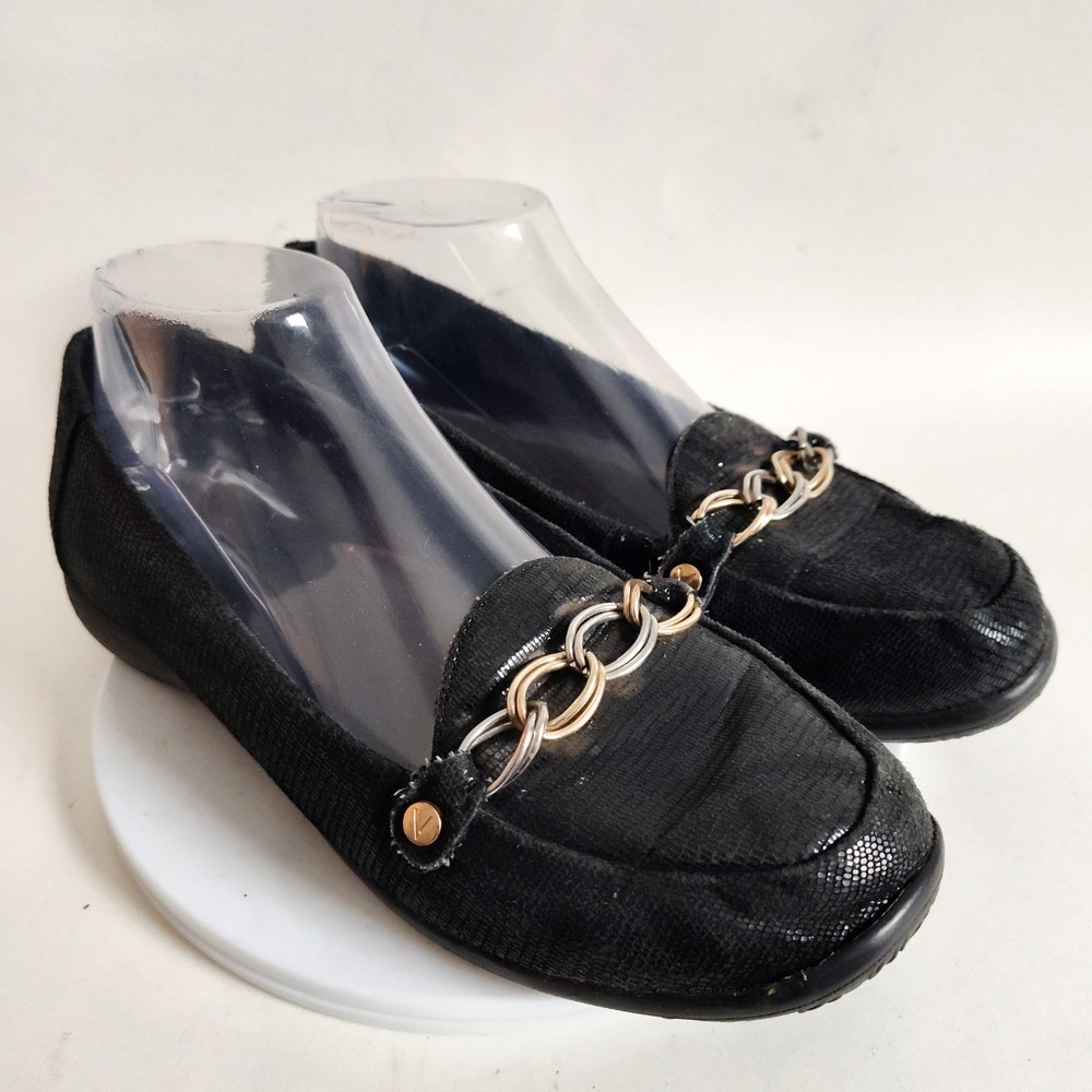 Vionic Loafers Size 8 Comfort Flats Alda Black Leather Lizard Print Silver Chain